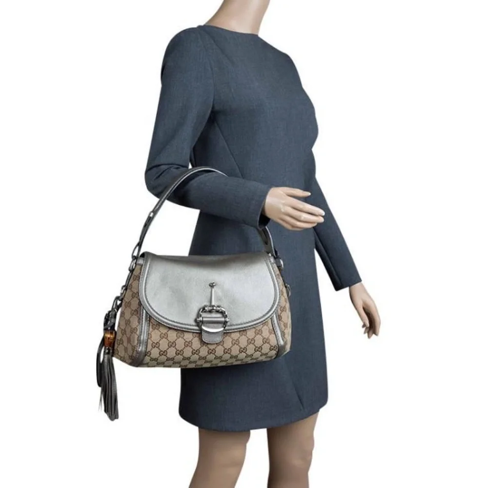 Authentic Gucci Medium GG Canvas Techno Horsebit Flap Hobo Bag Grey/Beige